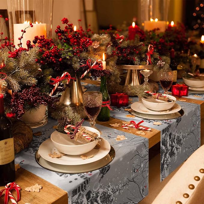 Christmas Snowman Short Table Runners 36 Inches, Cotton Linen Fabric Snowflake - Image 2