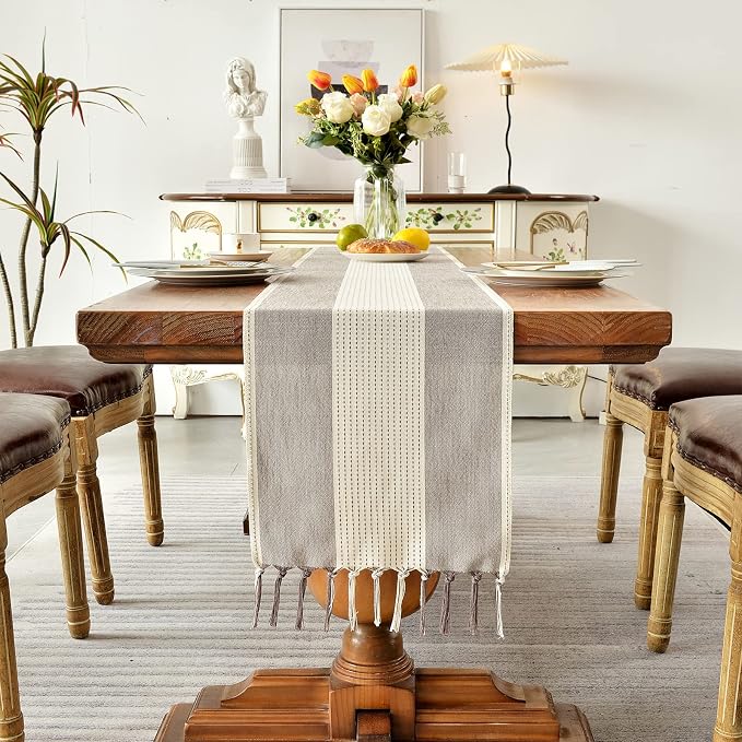 Wracra Linen Table Runner, Stripe Table Runners 90 Inches Long Coffee | - Image 4