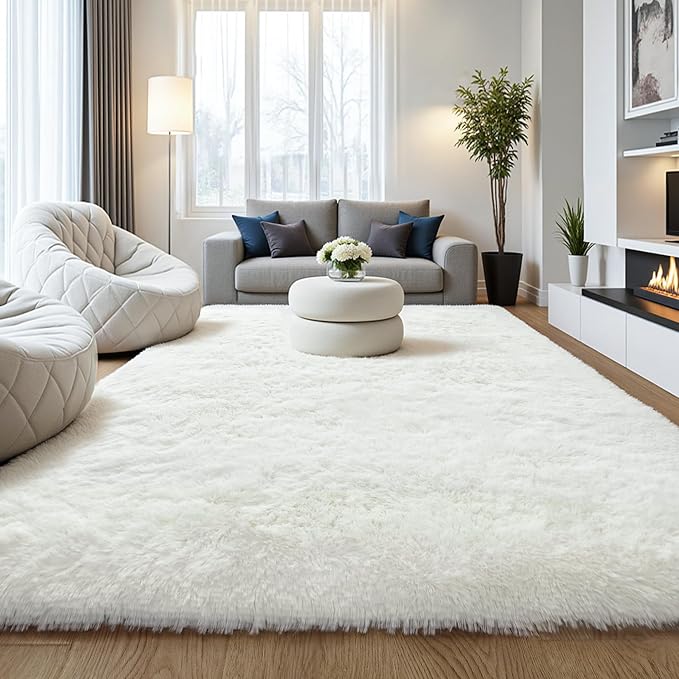 Fluffy 8x10 Large Area Rugs for Bedroom Living Room, Cream White Soft Washable by KICHOWUA
