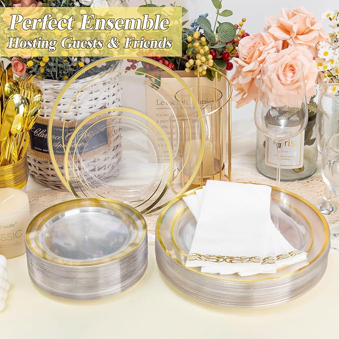 BESTSTAR 200PCS Clear Gold Plastic Plates Set | 100 10.25 inch Dinner Plates - Image 3