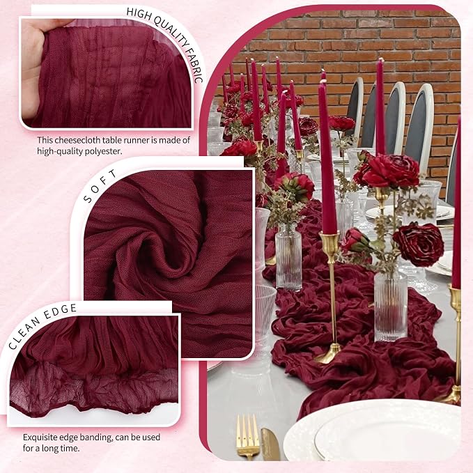 30 Pack Cheesecloth Table Runner 10FT Burgundy Red Table Runner Boho Gauze - Image 3