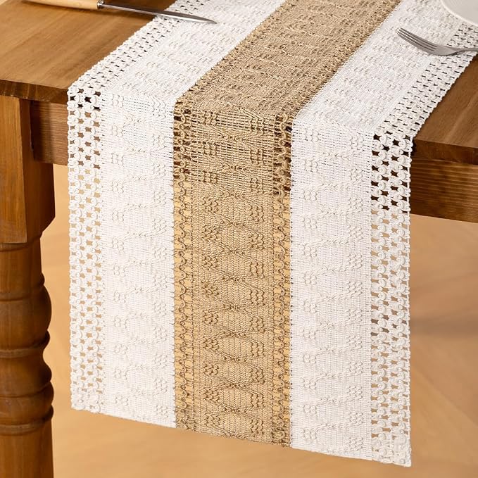 Ivory & Burlap Boho Table Runner Farmhouse Woven Table Runner 12x90 Inch | - Image 4