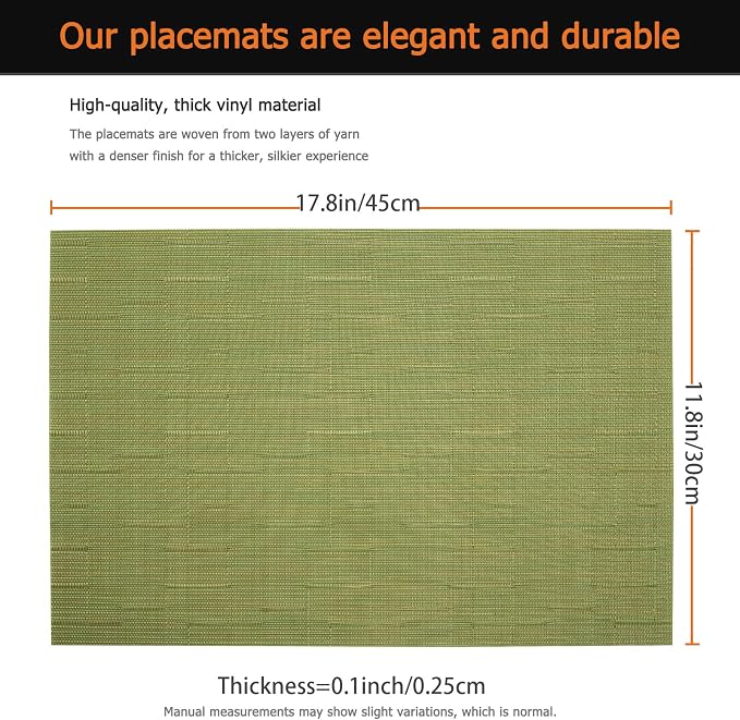 Green Vinyl Placemats Set of 6, Heat Resistant Table Placemats | 18x12 inch - Image 3