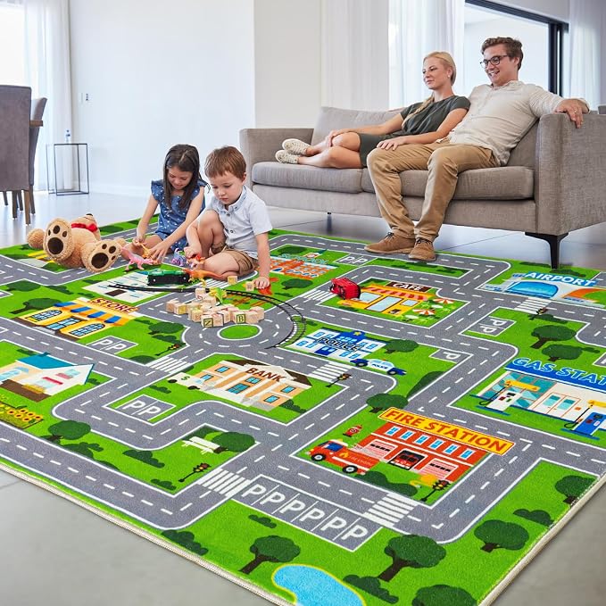Car Rug Play Mat for Kids Toy Cars, City Road Traffic Playmat for Kid Bedroom - Image 2