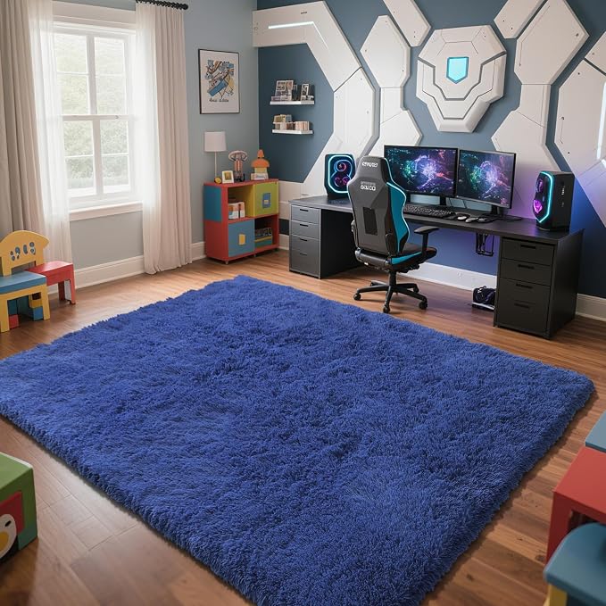 Blue Fluffy Rug Shag Area Rug, 8x10 Area Rugs - Image 2