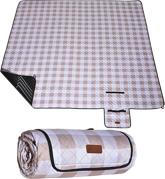 HX&OD Outdoor Picnic Blanket, Extra Large, 80''x80'' Waterproof Foldable Blankets Gingham Picnic Mat for Beach, Camping Grass Lawn Park Accessories Cute Couple Ideas Wedding (Light Brown, 80”x80”)