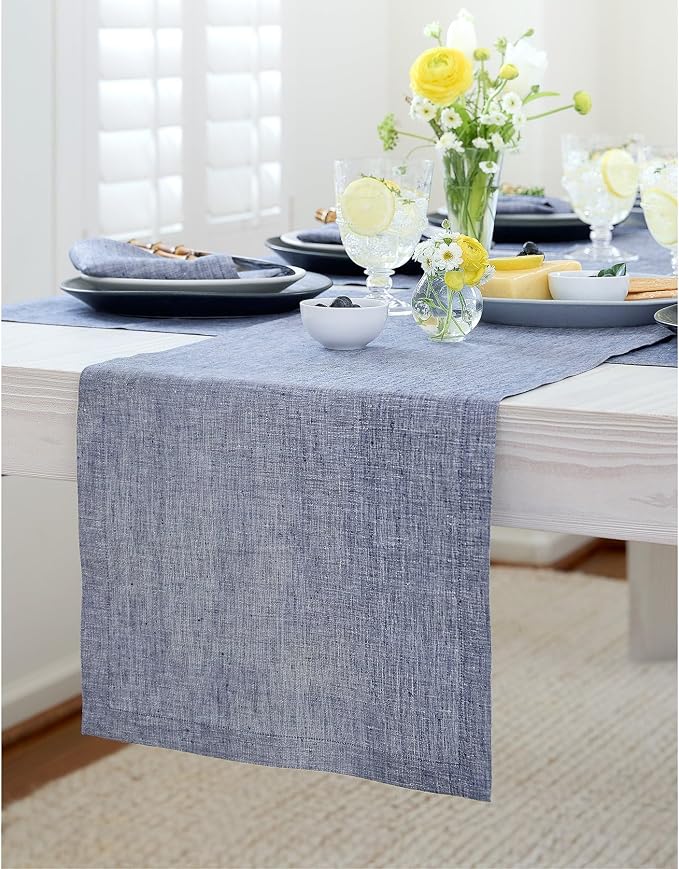 Solino Home 100% Pure Linen Table Runner Indigo Long, Athena 14 x 108 in | by SolinoHome