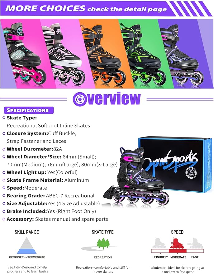 2PM SPORTS Vinal Girls Adjustable Flashing Inline Skates, All Wheels Light Up, Fun Illuminating Skates for Kids Men Adult Women and Boys