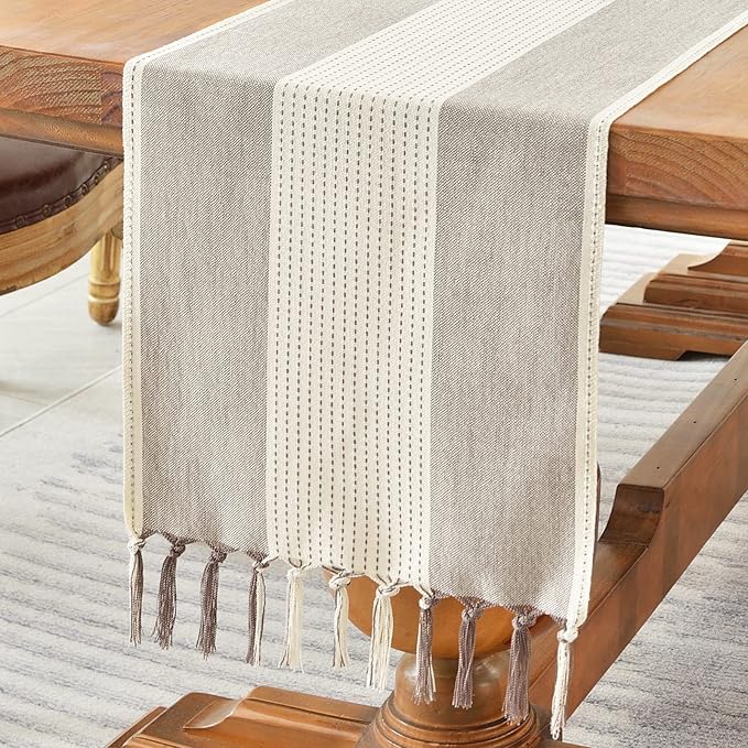 Wracra Linen Table Runner, Stripe Table Runners 90 Inches Long Coffee | by Wracra