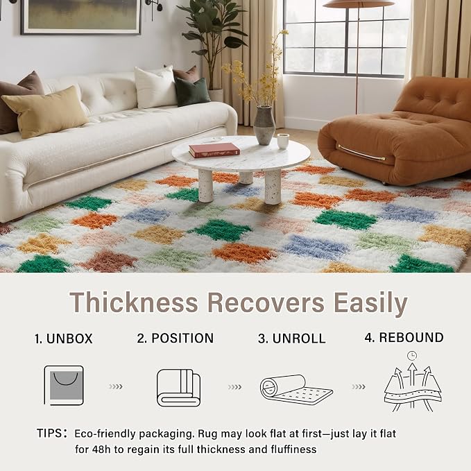 PureCozy Checkered Rug 6x6 for Living Room, Modern Neutral Shag Rug Washable - Image 5