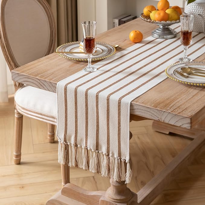 Caflife Boho Table Runner 72 Inchs Long Brown and Beige, Cotton and Linen Woven - Image 2
