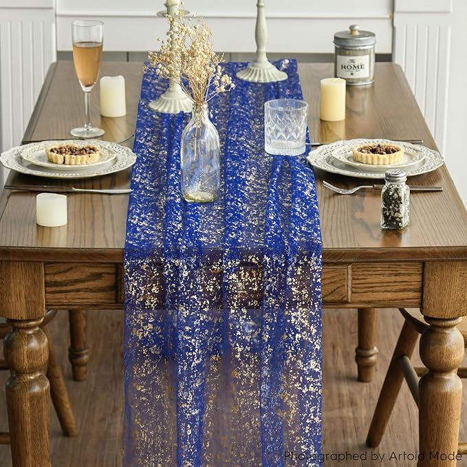 Artoid Mode 6PCS Blue Gold Gauze Table Runner 120 Inch 10FT, Glitter Metallic - Image 2