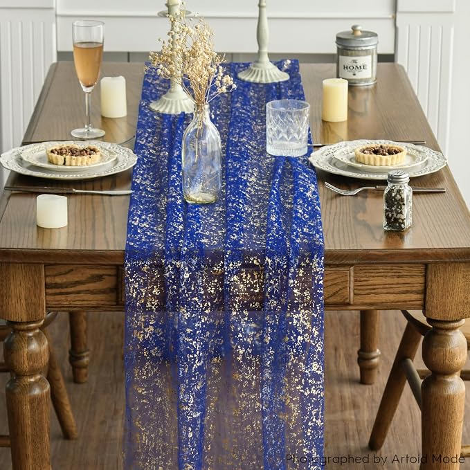 Artoid Mode 10PCS Blue Gold Gauze Table Runner 120 Inch 10FT, Glitter Metallic - Image 2