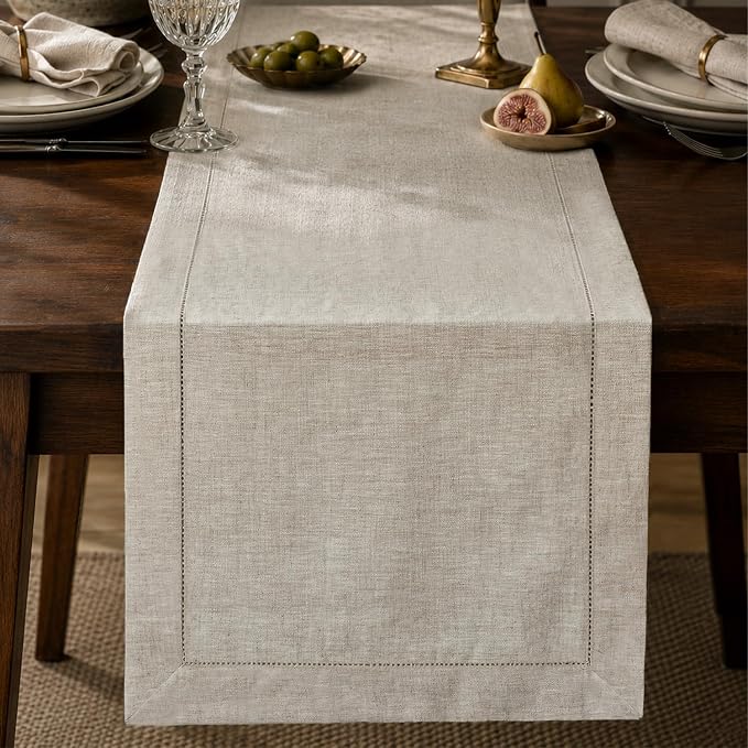100% Pure French Linen Table Runner 120 Inches Long, Natural Hemstitch by KINGSTONE