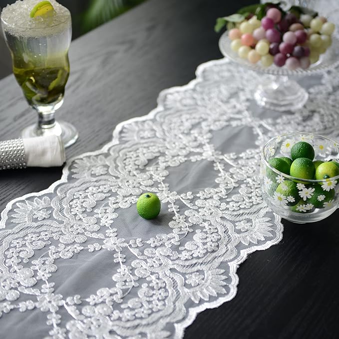 SUTAVIA Lace Patio Table Runner 12"×96" White Embroidered Dresser Scarf | - Image 4