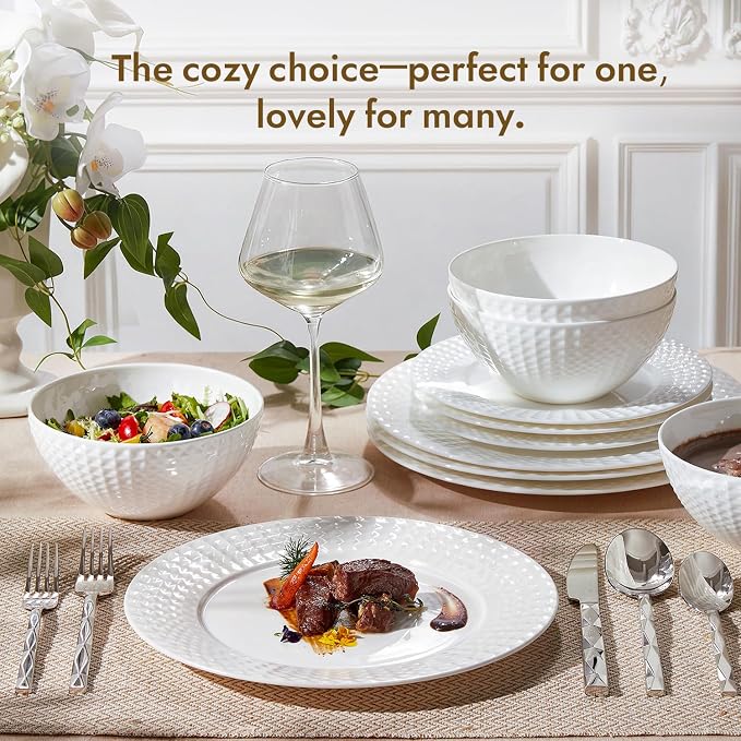 12Pc Rhombus Edge White Bone China Set, Service - Image 7