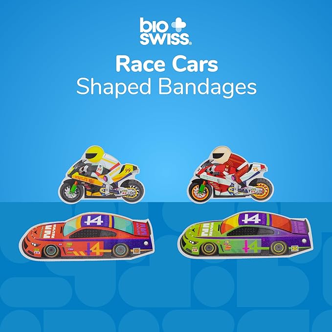 BioSwiss Bandages, Race Cars Shaped Self Adhesive Bandage, Latex Free Sterile Wound Care, Fun First Aid Kit Supplies for Kids and Adults, 50 Count