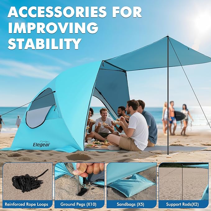 Elegear Beach Tent with Canopy, 1-Second Setup Pop Up Sun Shelter Shade, UPF 50+ UV Protection Silver-Coated Lightweight Portable Beach Cabana