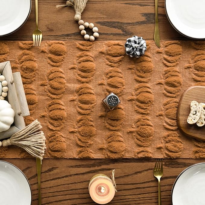 Artoid Mode Caramel Soft Faux Fur Pumpkins Fall Table Runner 13x90 Inch | - Image 2