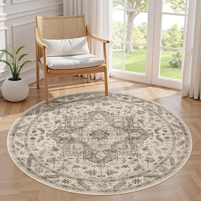 5ft Round Vintage Living Room Area Rug by COTILED