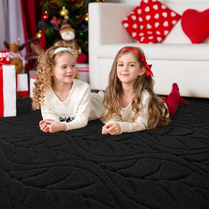 3x5 Black Washable Area Rug for Bedroom, Leaf Geometric Patter Shag Non-Slip - Image 3