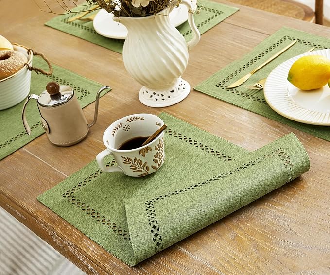 Farmhouse Burlap Hollow Placemats Set of 6, 12 x18 Inch Sage Green | Double - Image 4