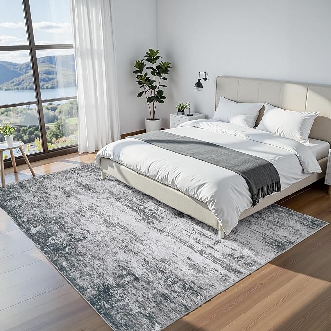 Area Rug 10x14 Living Room Rug Washable: No-Slip Abstract Soft Thin Large Gray - Image 3