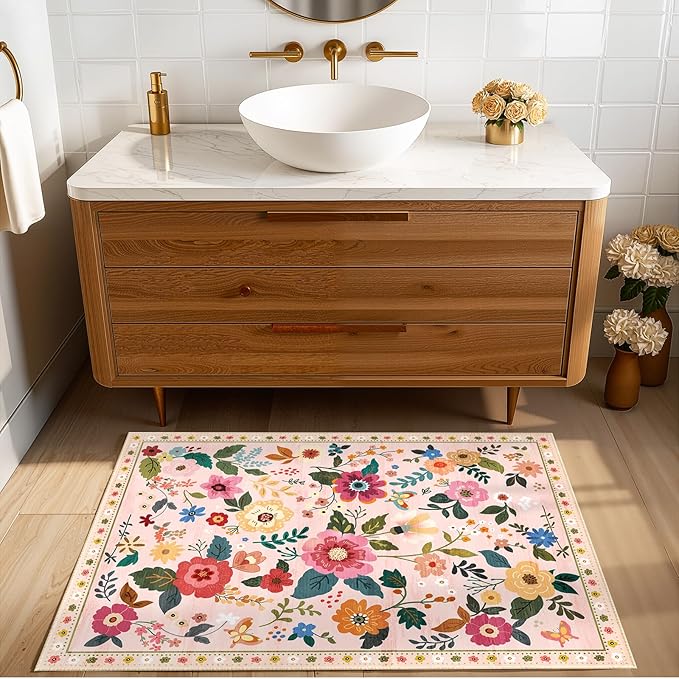 Floral 2x3 Area Rug Machine Washable Soft Print Boho Carpet Non Slip Doormat Low Pile Flower Area Rugs for Living Room Bedroom Nursery Kitchen Dining Room Indoor-Pink