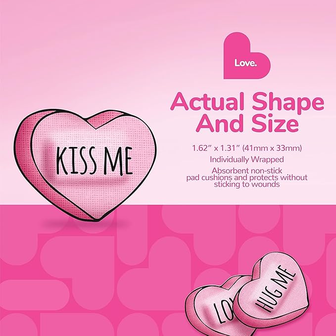 BioSwiss Bandages, Valentine Valentine Heart Shaped Self Adhesive Bandage, Latex Free Sterile Wound Care, Fun First Aid Kit Supplies for Kids, 24 Count