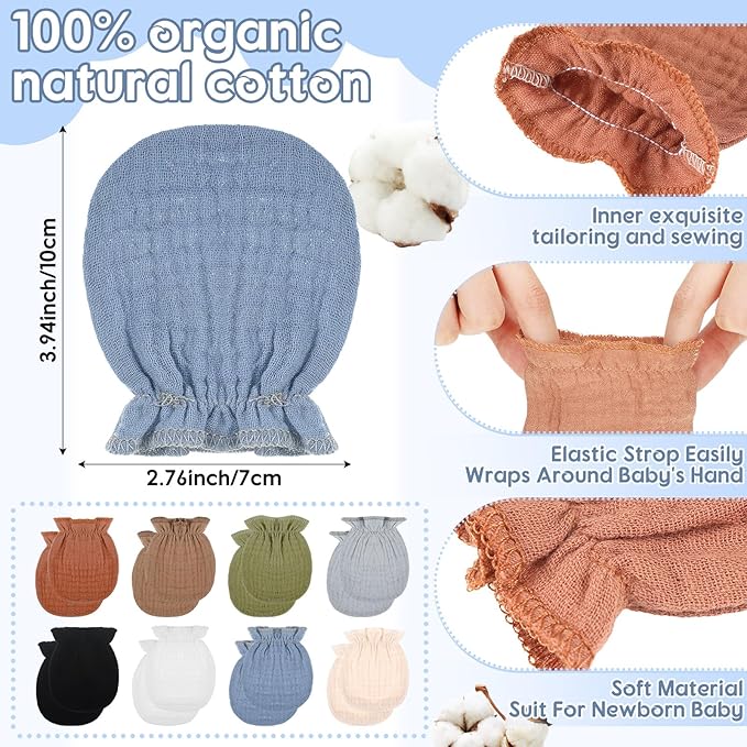 8 Pairs Newborn Baby Muslin Mittens 0-6 Months No Scratch Elastic Wrist Soft Breathable Gloves Bulk Cotton for Infant