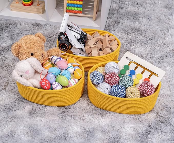 Shelf Storage Baskets for Organizing|Decorative Basket for Closet Storage|Toy Baskets&Bins|Small Woven Rope Baskets-13x8.66x5.11’’,Durable&Stylish,Oval 3 Packs Yellow