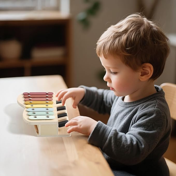 IEATFO 2-in-1 Piano Xylophone Wooden Musical Toy for Toddlers 1-3, Educational Musical Learning Instruments with 8 Colorful Keys, 5 Classic Song Sheets, Montessori Sensory Music Set for Girls Boys