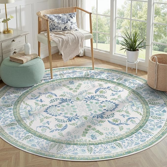 DCX Area Rug 5x5 Botanical Floral Washable Rugs in Green and Blue Soft Non Slip by DCXWashableRug