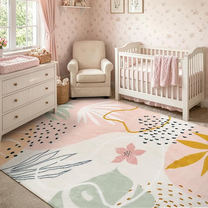 Lahome Pink Boho Living Room Rug 6x9, Washable Non Slip Soft Botanical Area Rug - Image 2