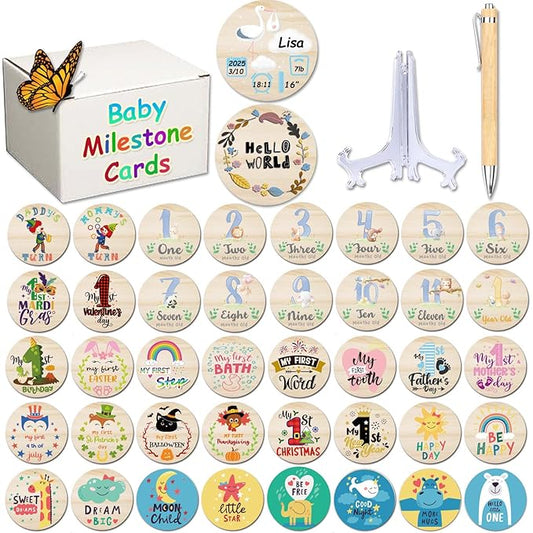 42 Designs First Year Milestones,Wooden Baby First Holiday Signs,Baby Monthly Milestone Photo Props for Newborn to Age 1,Pregnancy Baby Shower Cards (First Holiday Milestone)