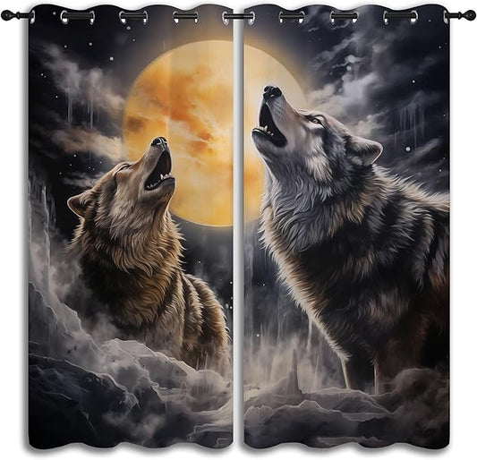 Fantasy Wolf Blackout Curtains for Boys Girl Bedroom Decor,Full Moon Starry Sky Wildlife Retro Thermal Insulated Grommet Drapes Darkening Window Curtain for Living Room Home 84x72 inch