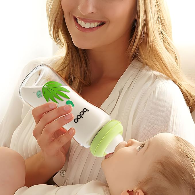 YOHKOH Natural Glass Baby Bottle with Natural Response Nipple, Newborn Anti-Colic Baby Bottles, Wide Neck Mushroom Cap Baby Bottle, Clear (Green, (8.8oz (Pack of 2))