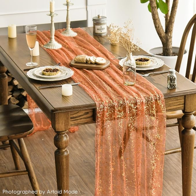 Artoid Mode 10PCS Orange Gold Gauze Table Runner 120 Inch 10FT, Glitter - Image 2