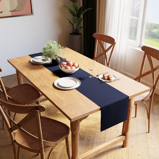 Encasa XO Table Runner, Yarn Dyed Ribbed Cotton 13"x98" | Solid Navy Blue - Image 2
