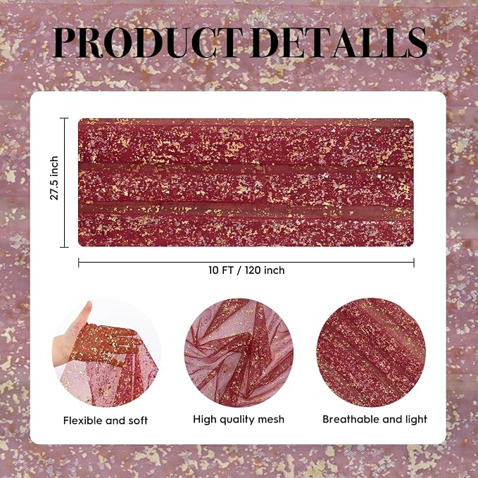 Artoid Mode 10Pcs Burgundy Gauze Gold Table Runner 10FT, Glitter Metallic Foil - Image 8