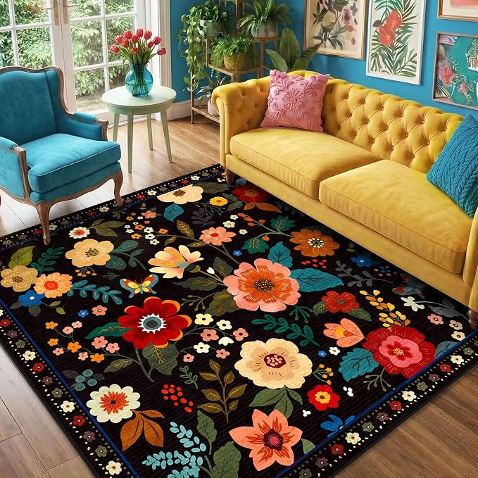 RELEANY Floral Square 4ft Area Rugs Washable Print Boho Cute Carpet Non Slip - Image 8