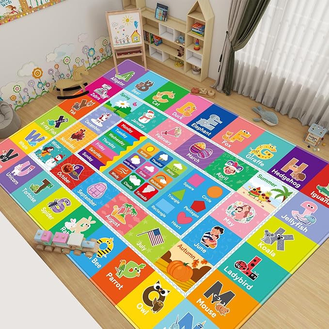 Kids Rug for Playroom, Kids Baby Playmat with Alphabet, Month, Weather, Week and Shapes ABC Educational Rug, Play Mat Carpet for Bedroom Classroom (110.2X78.7 INCH, Weather)