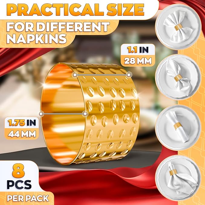 8 Pcs Gold Napkin Rings, Hammered Metal, 1.8 x 1.1 Inches | Cloth Napkin Holder - Image 3