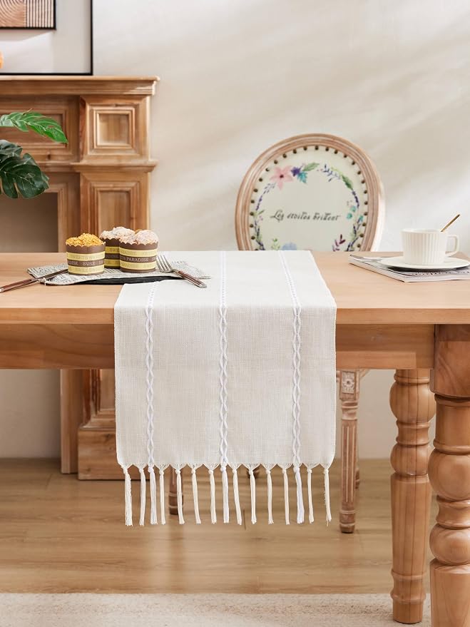 Braided Farmhouse Table Runner, Braided Beige 13x90 Inch, Cotton Linen Table - Image 2
