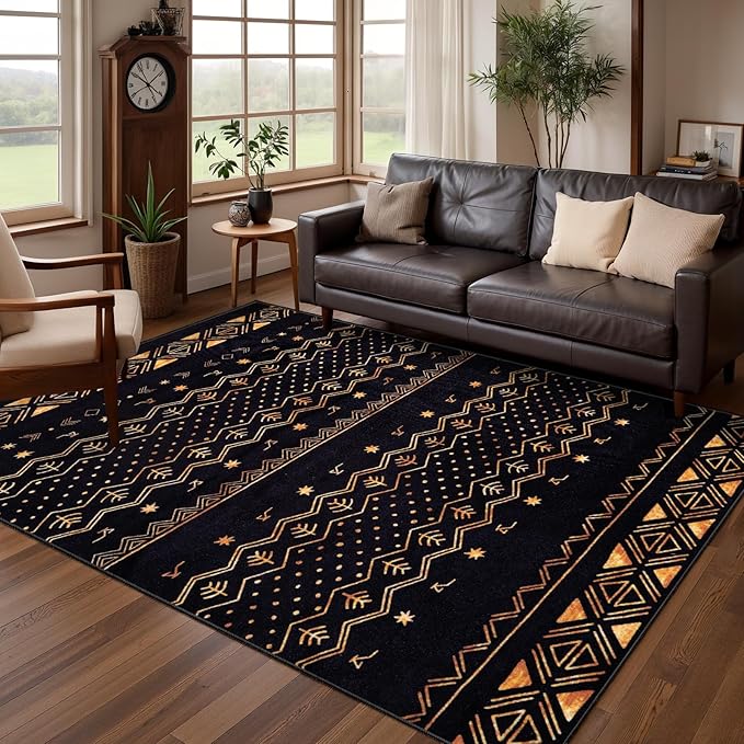 SERISSA 4x6 Area Rugs for Living Room, Washable Non-Slip Black and Gold Boho Rug by SERISSAHomeDecorCollection