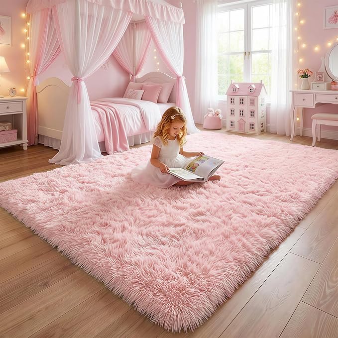 Amdrebio Pink Area Rugs for Bedroom Girls, Cute Fluffy Fuzzy Shag Rug 5x7 for - Image 7