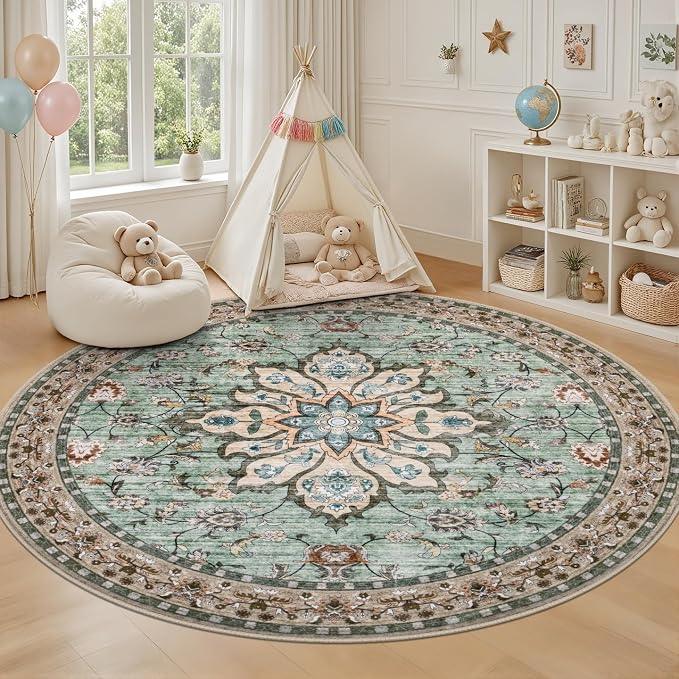 Round Area Rug for Living Room: 6ft Washable Vintage Boho Soft Thin Circle Rug - Image 5
