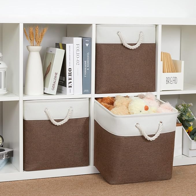 Bidtakay Collapsible Rustic Cube Storage - Brown Cloth Baskets with Handles, 13x13x13 Inch, Set of 3 Fabric Storage Bins
