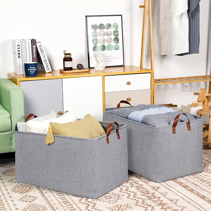 DULLEMELO Large Grey Storage Baskets 70L Oversized Dog Toy Bin Basket, Collapsible 22" X 15" X 13" Extra Large Fabric Baskets for Storage Clothes, Toys, Blankets Organizers (Grey)