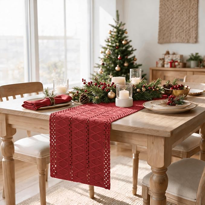 Artoid Mode Rose Red Woven Farmhouse Hollow Table Runner 12x60 Inch | Holiday - Image 6